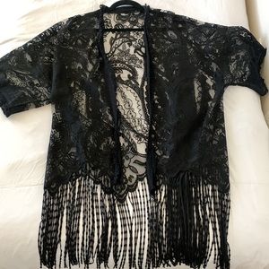 Black Fringe Short Sleeve Kimono/Cover Up